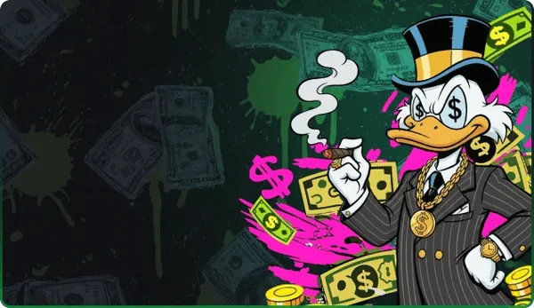 CashoBet welkomstbonus: eend met hoge hoed en sigaar tussen dollarbiljetten